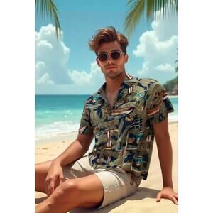 Hilo Hatties Hawaiian Men's Green Blue Short Sleeves Button Down Shirt Size 5XL